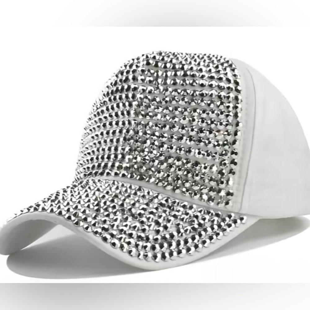 White Silver Rhinestone Trucker Hat Baseball Cap adjustable fit